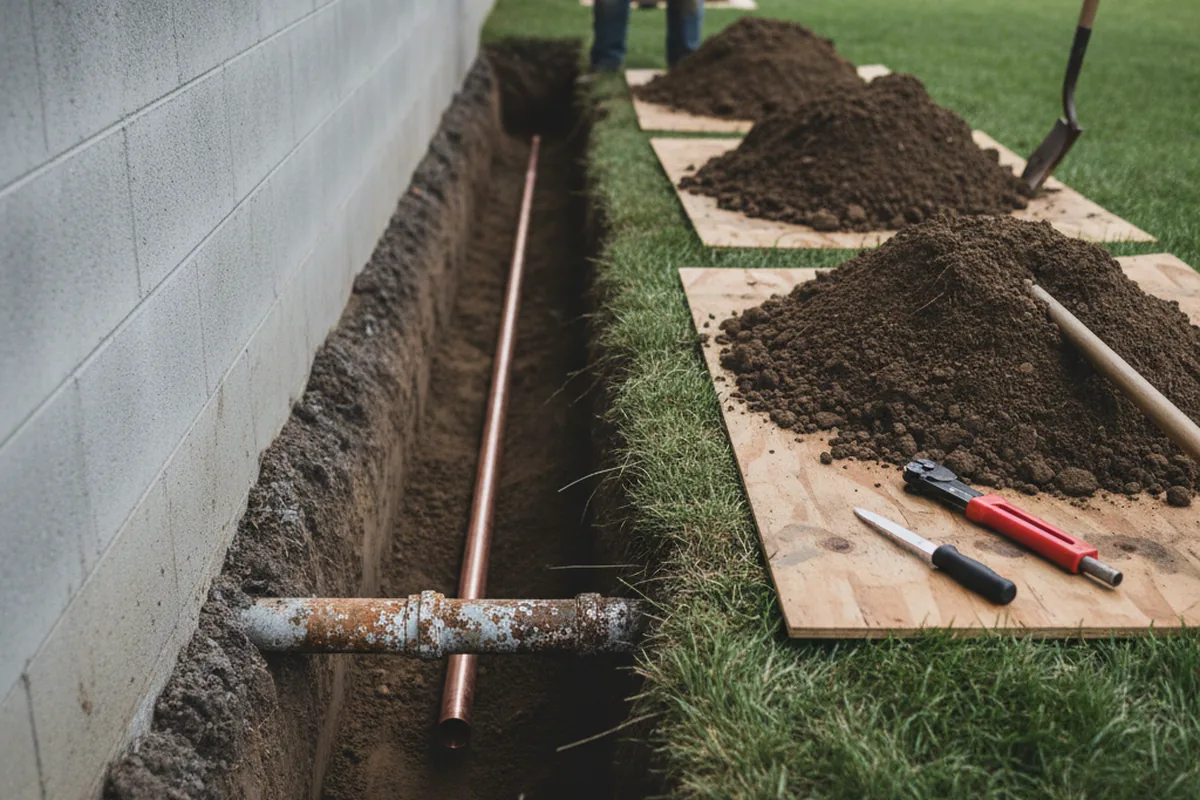 Excavated water line trench during Water Softener Installation in Plattsburg